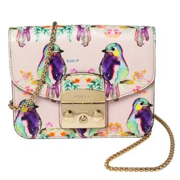 Pre Owned Furla Multicolor Bird Print Leather Mini Metropolis Chain Crossbody Bag