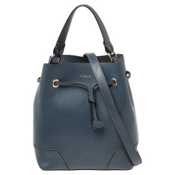 Pre Owned Furla Blue Leather Stacy Drawstring Bucket Bag