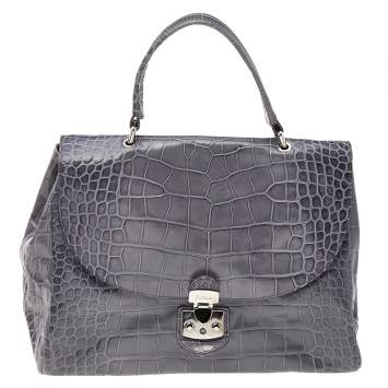 Pre Owned Furla Grey Croc Embossed Leather Top Handle Bag
