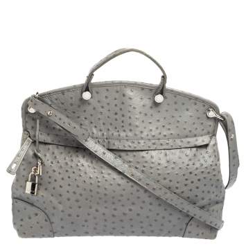 Pre Owned Furla Grey Ostrich Embossed Leather Piper Top Handle Bag