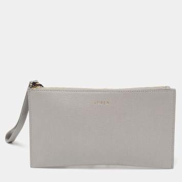 Pre Owned Furla Grey Leather Zip Slim Wristlet Pouch 