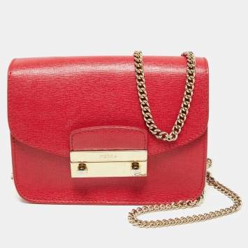 Pre Owned Furla Red Leather Mini Metropolis Chain Crossbody Bag