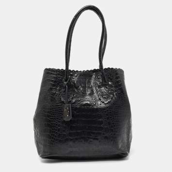 Pre Owned Furla Black Croc Embossed Glossy Leather Scalloped Tote