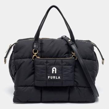 Pre Owned Furla Black Quilted Padded Nylon and Leather Zip Top Tote
