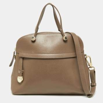 Pre Owned Furla Dark Beige Leather Piper Dome Satchel