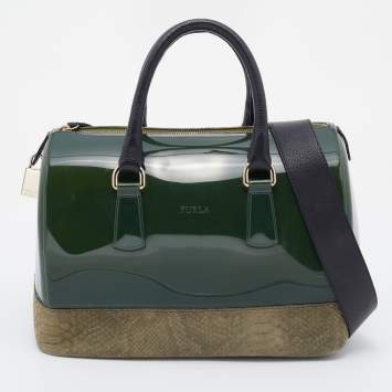 Pre Owned Furla Green Rubber and Python Embossed Leather Medium Candy Satchel