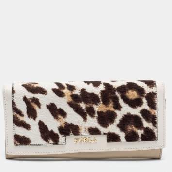 Pre Owned Furla  White Leopard Print Calf Hair and Leather Continental Wallet
