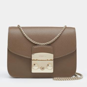 Pre Owned Furla Taupe Leather Mini Metropolis Chain Crossbody Bag