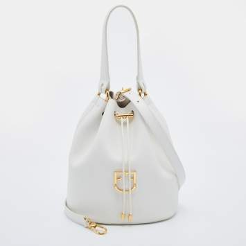 Pre Owned Furla White Leather Corona Drawstring Bucket Bag