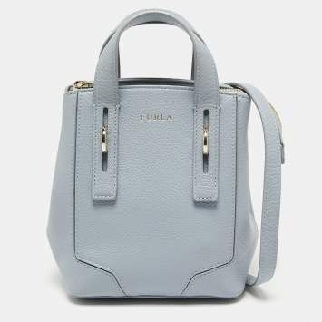 Pre Owned Furla Pale Blue Leather Mini Perla Tote
