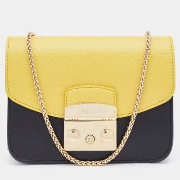 Pre Owned Furla Black/Yellow Leather Interchangeable Flaps My Play Mini Metropolis Crossbody Bag