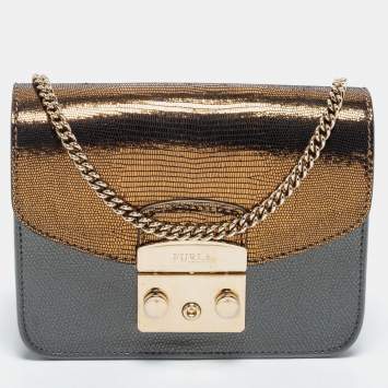 Pre Owned Furla Grey/Gold Leather and Glitter Interchangeable Flaps My Play Mini Metropolis Bag
