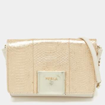 Pre Owned Furla Gold/Cream Leather and Python Embossed Leather Shoulder Bag
