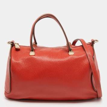Pre Owned Furla Orange Textured Leather Zip Boston Satchel