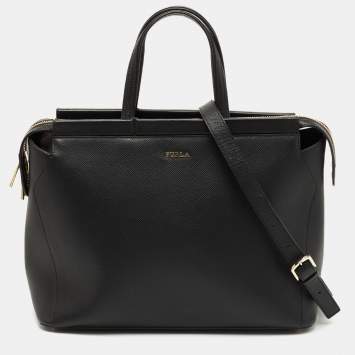 Pre Owned Furla Black Leather Top Zip Tote