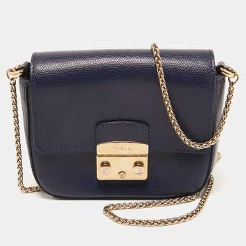Pre Owned Furla Indigo Leather Mini Metropolis Crossbody Bag