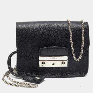Pre Owned Furla Black Leather Mini Metropolis Chain Crossbody Bag