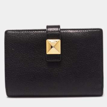 Pre Owned Furla Black Leather Stud Flap Compact Wallet