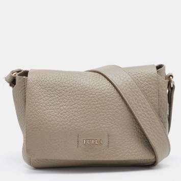 Pre Owned Furla Grey Leather Flap Crossbody Bag 