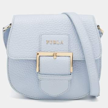 Pre Owned Furla Light Blue Leather Flap Crossbody Bag 