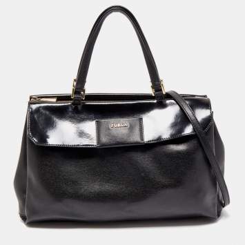 Pre Owned Furla Black Patent and Leather Top Handle Bag