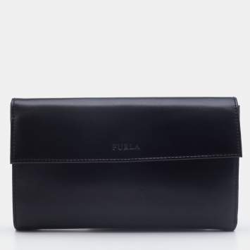 Pre Owned Furla Black Glossy Leather Logo Trifold Compact Wallet 