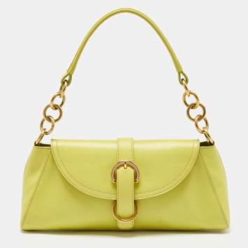 Pre Owned Furla Green Leather Flap Baguette Bag