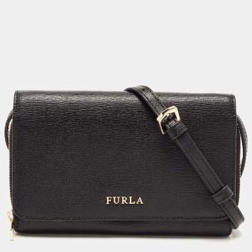 Pre Owned Furla Black Leather Logo Flap Wallet on Strap