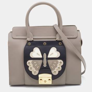 Pre Owned Furla Taupe/Black Leather Metropolis Magia Tote