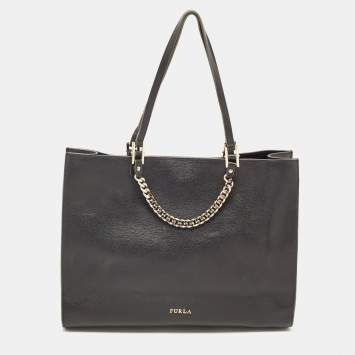 Pre Owned Furls Black Leather Chain Link Shopper Tote 