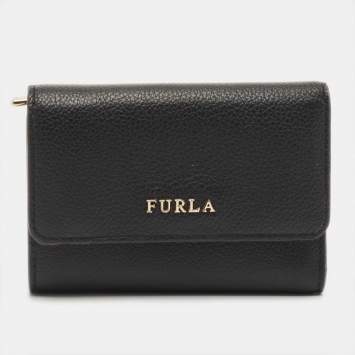 Pre Owned Furla Black Leather Logo French Wallet
