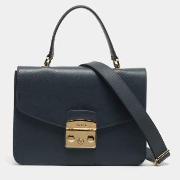 Pre Owned Furla Navy Blue Leather Metropolis S Top Handle Bag