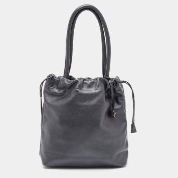 Pre Owned Furla Metallic Dark Grey Leather Drawstring  Tote