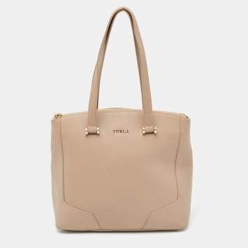 Pre Owned Furla Beige Leather Top Zip Tote