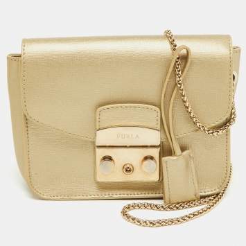 Pre Owned Furla Gold Leather Mini Metropolis Chain Crossbody Bag
