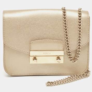 Pre Owned Furla Gold Leather Mini Metropolis Chain Crossbody Bag
