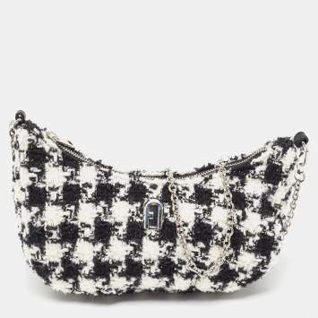 Pre Owned Furla White/Black Tweed Crossbody Bag 