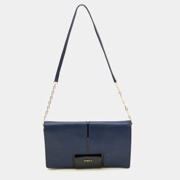 Pre Owned Furla Blue/Black Leather Flap Chain Shoulder Bag