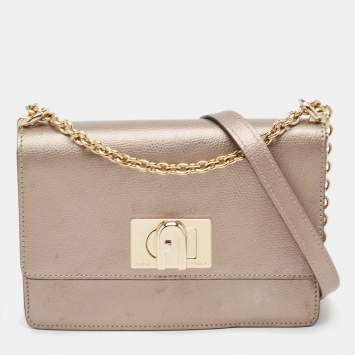 Pre Owned Furla Metallic Grey Leather 1927 Chain Shoulder Bag