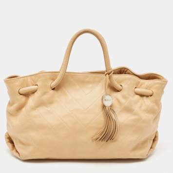Pre Owned Furla Beige Leather Drawstring Metal Handle Shoulder Bag