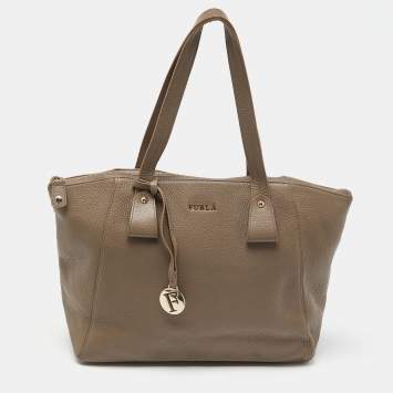 Pre Owned Furla Taupe Leather Zip Tote