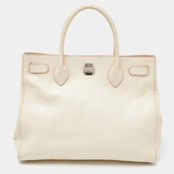Pre Owned Furla Cream Leather Twist Lock Tote