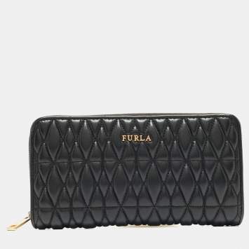 Pre Owned Furla Black Quilted Leather XL Cometa Zip Around Wallet 