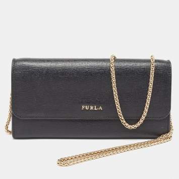 Pre Owned Furla Black Leather Babylon Wallet on Chain 