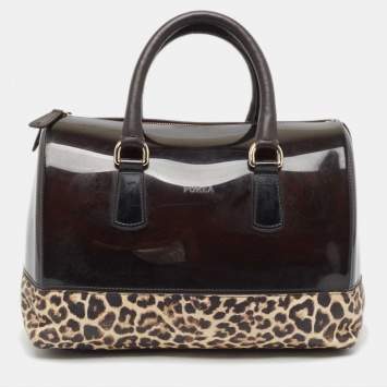 Pre Owned Furla Dark Brown/Beige Rubber and Leopard Print Leather Medium Candy Satchel