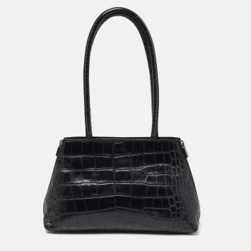 Pre Owned Furla Black Croc Embossed Leather Vintage Shoulder Bag