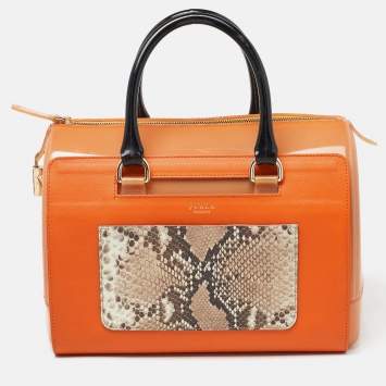 Pre Owned Furla Orange/Brown Rubber and Snakeskin Embossed Leather Candy Satchel