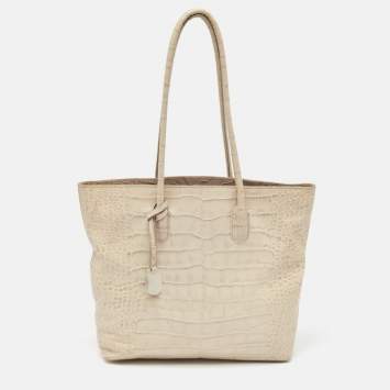 Pre Owned Furla Cream Croc Embossed Leather Tote
