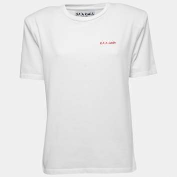 Pre Owned Gaia Gaia White Logo Print Cotton Yara Padded Shoulder T-Shirt S