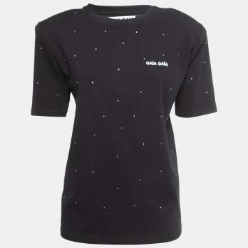 Pre Owned Gaia Gaia Black Cotton Rhinestone Embellished Yara T-Shirt S